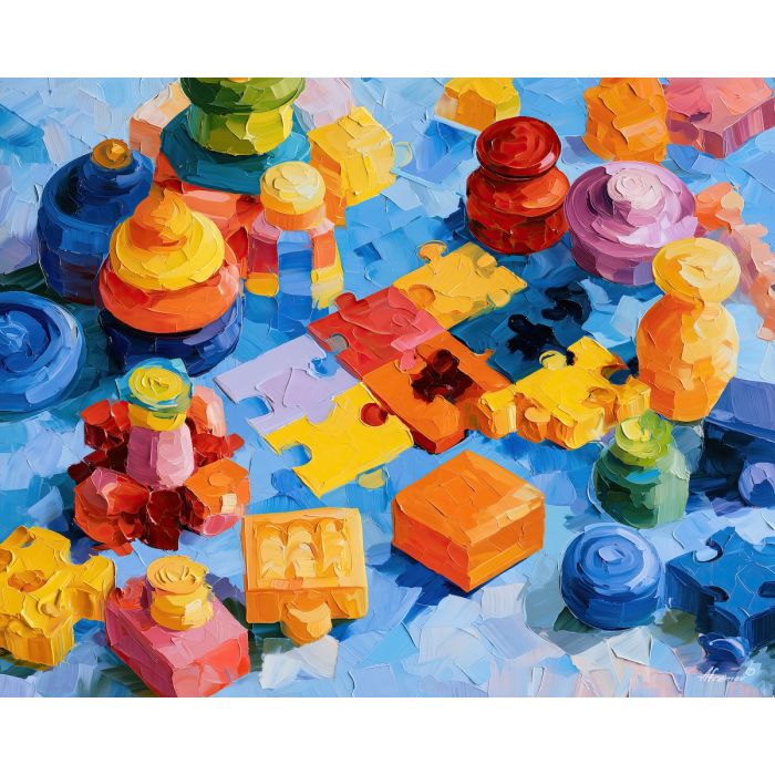 puzzle honeyblue, mat whimsical, puzzle honeyblue mat art, whimsical hobby art, craft table art, playful still life, palette knife art, thick brush strokes, dopamine decor art, bright wall decor