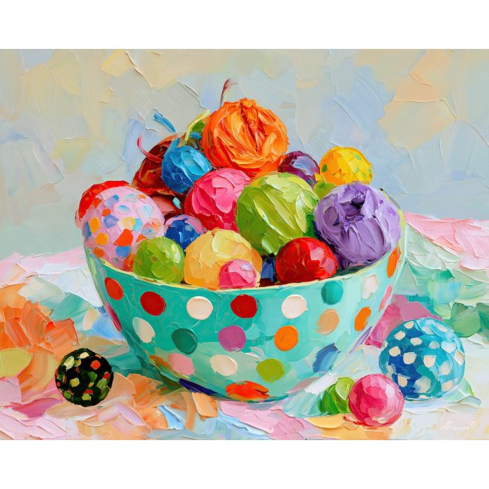 polkadot bowl, mintmorning whimsical, polkadot bowl mintmorning art, palette knife art, thick brush strokes, dopamine decor art, bright wall decor, minimal detail art, afremov inspired, colorful home art