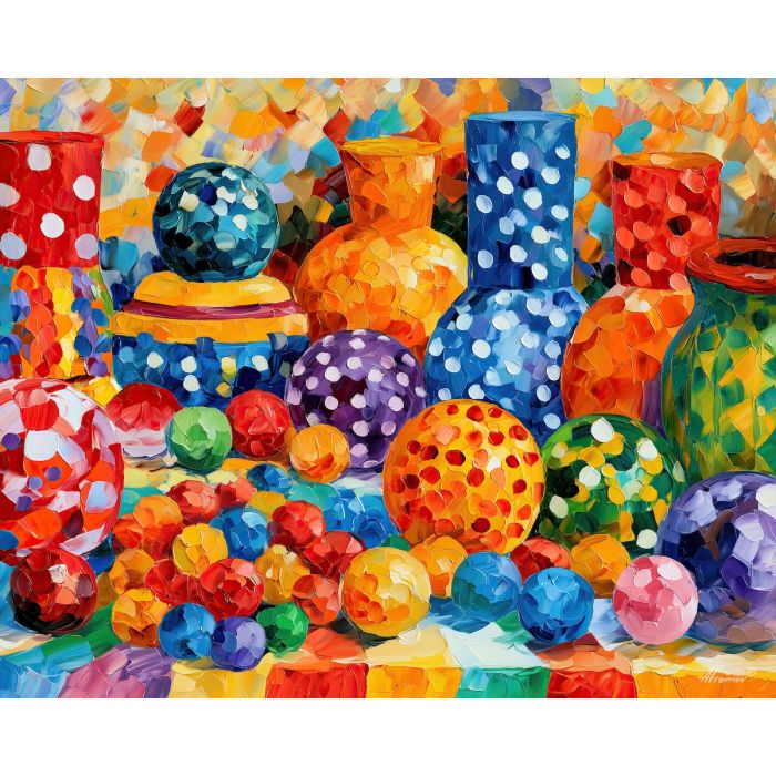 polkadot corner, rosewind whimsical, polkadot corner rosewind art, colorful home art, hobby room art, textured oil art, whimsical hobby art, craft table art, playful still life, palette knife art