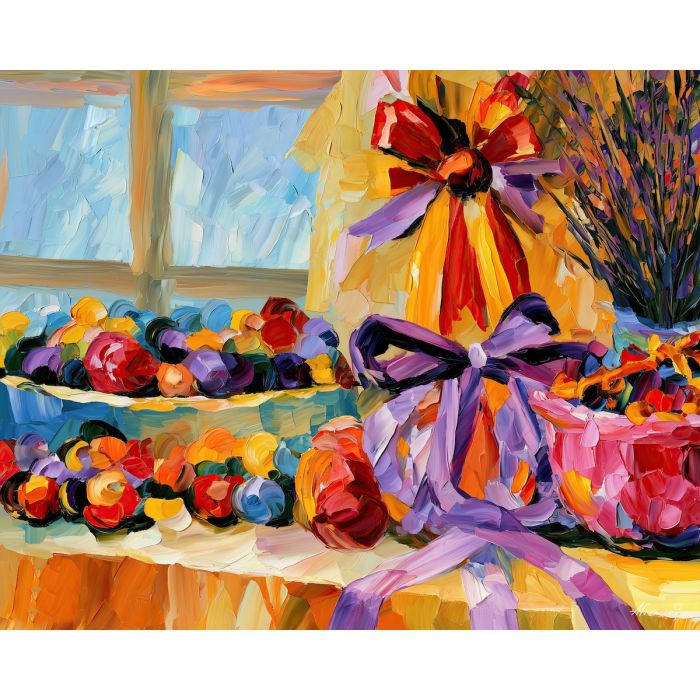 ribbon corner, lavenderday whimsical, ribbon corner lavenderday art, whimsical hobby art, craft table art, playful still life, palette knife art, thick brush strokes, dopamine decor art, bright wall decor