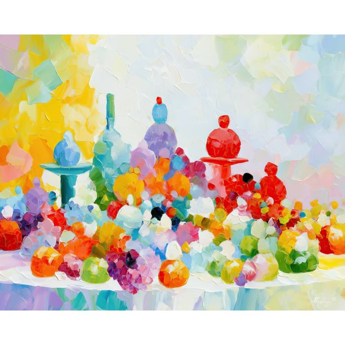 craft table, aquabloom whimsical, craft table aquabloom art, bright wall decor, minimal detail art, afremov inspired, colorful home art, hobby room art, textured oil art, whimsical hobby art