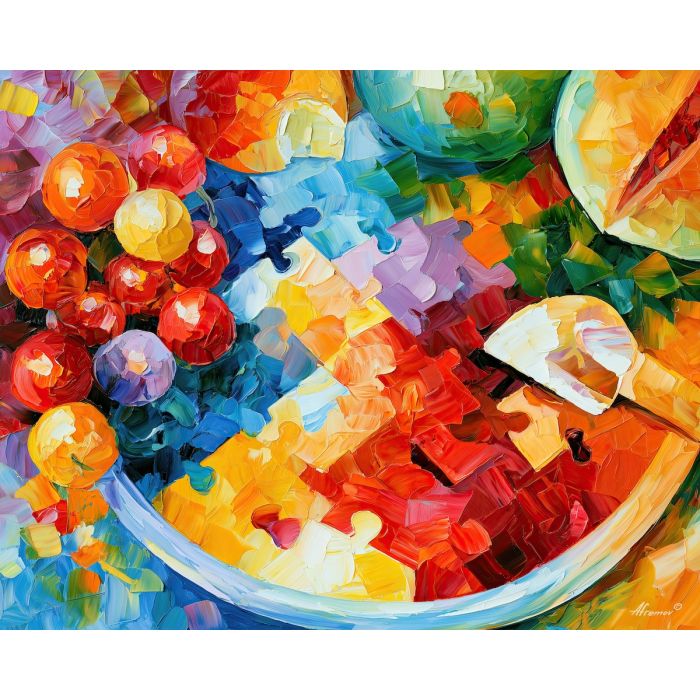 tray puzzle, morningmelon whimsical, tray under puzzle morningmelon art, palette knife art, thick brush strokes, dopamine decor art, bright wall decor, minimal detail art, afremov inspired, colorful home art