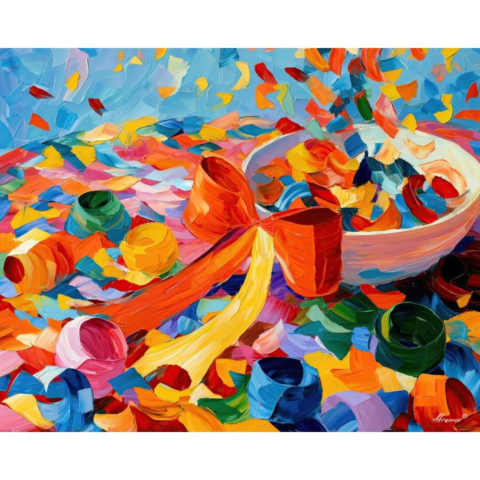 ribbon bowl, skyconfetti whimsical, ribbon bowl in skyconfetti art, whimsical hobby art, craft table art, playful still life, palette knife art, thick brush strokes, dopamine decor art, bright wall decor