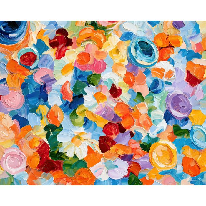 mat daisylight, dice whimsical, mat of daisylight art, colorful home art, hobby room art, textured oil art, whimsical hobby art, craft table art, playful still life, palette knife art