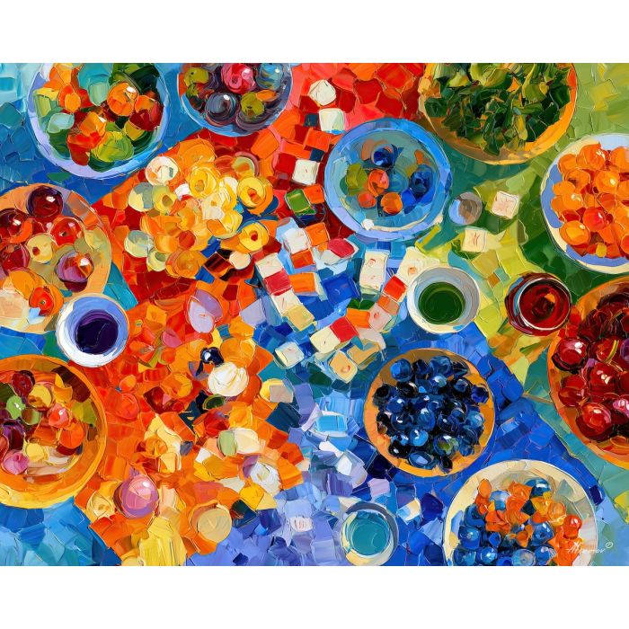 azurepicnic over, mahjong mat, azurepicnic over mahjong mat art, palette knife art, thick brush strokes, dopamine decor art, bright wall decor, minimal detail art, afremov inspired, colorful home art