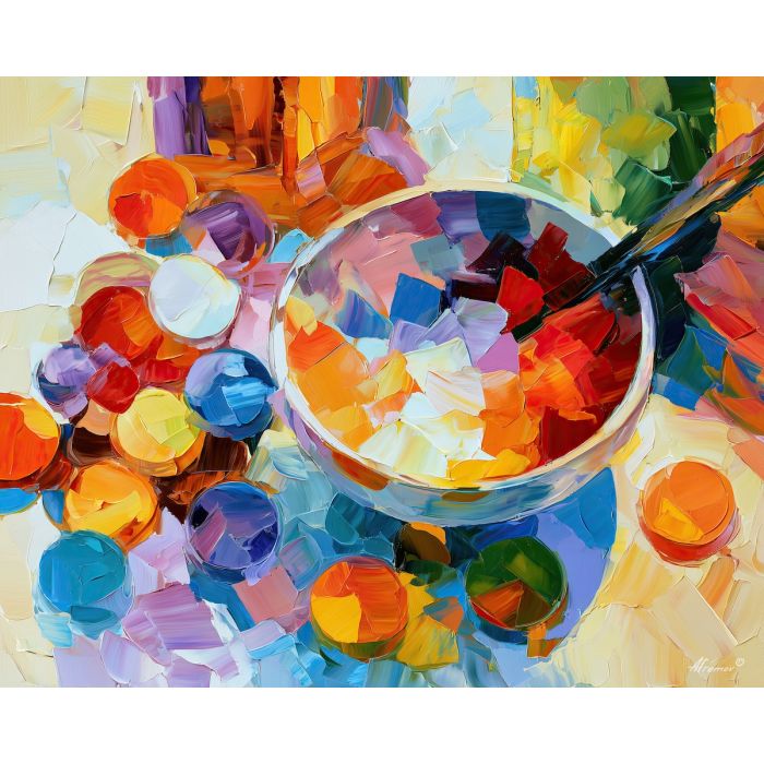 paintbox bowl, meadowlight whimsical, paintbox bowl meadowlight art, colorful home art, hobby room art, textured oil art, whimsical hobby art, craft table art, playful still life, palette knife art