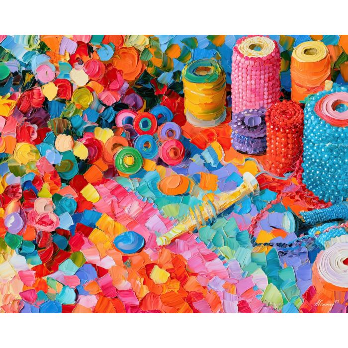 beaded mat, berrybreeze whimsical, beaded mat at berrybreeze art, whimsical hobby art, craft table art, playful still life, palette knife art, thick brush strokes, dopamine decor art, bright wall decor
