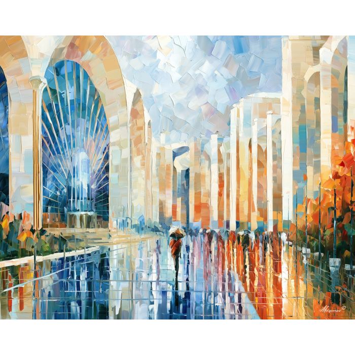 ivory promenade, summerglass neo, ivory promenade at summerglass art, palette knife art, thick brush strokes, brass decor art, colorful architecture, minimal detail art, afremov inspired, daylight cityscape