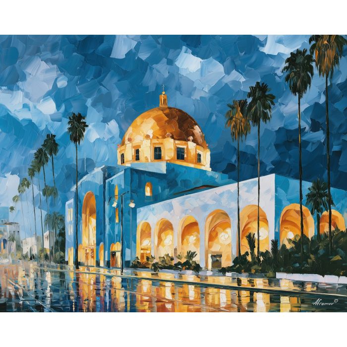 brass dome, honeyblue neo, brass dome honeyblue art, daylight cityscape, modern wall art, textured oil art, neo deco art, art deco cityscape, bright city art, palette knife art