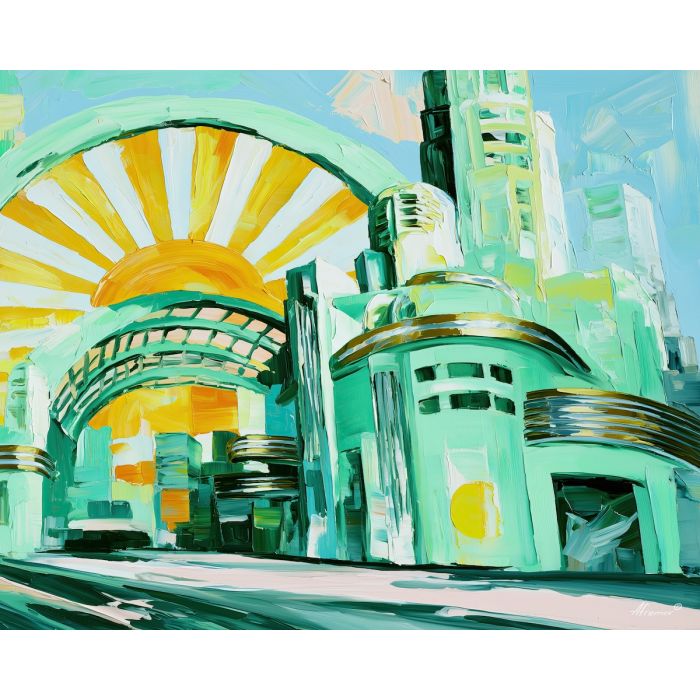 sunnymint over, sunburst arcade, sunnymint over sunburst arcade art, neo deco art, art deco cityscape, bright city art, palette knife art, thick brush strokes, brass decor art, colorful architecture