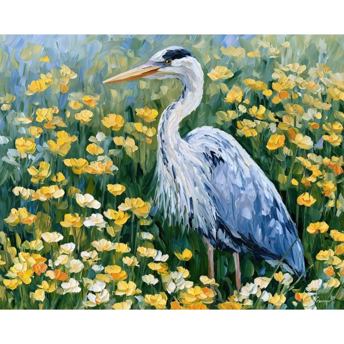 buttercup heron, peachgarden wilderkind, buttercup heron peachgarden art, wilderkind art, animal wall art, meadow painting, palette knife art, thick brush strokes, bright wildlife art, wildflower decor