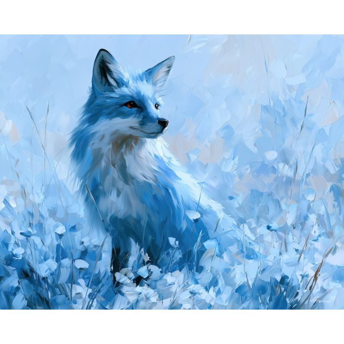 skyblue fox, mintglow wilderkind, skyblue fox mintglow art, palette knife art, thick brush strokes, bright wildlife art, wildflower decor, minimal detail art, afremov inspired, colorful animal art