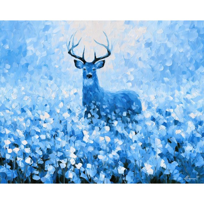 skyblue peachbreeze, deer wilderkind, skyblue peachbreeze deer art, palette knife art, thick brush strokes, bright wildlife art, wildflower decor, minimal detail art, afremov inspired, colorful animal art