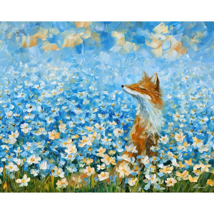 daisy fox, meadowlight wilderkind, daisy fox meadowlight art, wildflower decor, minimal detail art, afremov inspired, colorful animal art, nature wall decor, textured oil art, wilderkind art
