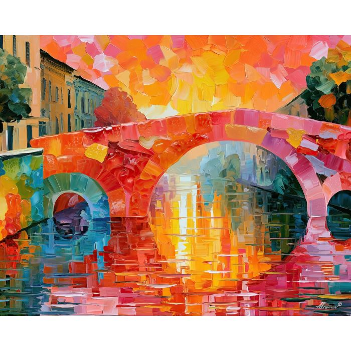 citrussky over, melon bridge, citrussky over melon bridge art, palette knife art, thick brush strokes, playful fantasy art, dopamine decor, minimal detail art, afremov inspired, colorful wall art