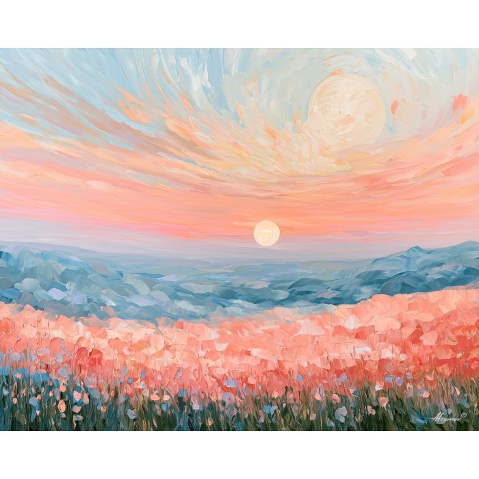 sunring meadow, peachbreeze extra, sunring meadow peachbreeze art, dreamy painting, colorful cosmic art, textured oil art, celestial wall art, bright fantasy art, moon garden art, palette knife art
