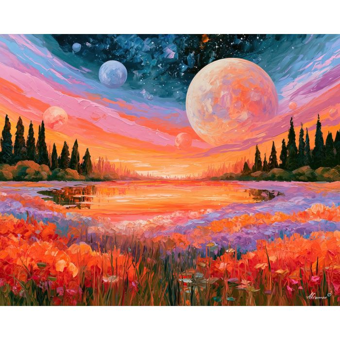 nebula meadow, goldenpond extra, nebula meadow in goldenpond art, palette knife art, thick brush strokes, pastel sky art, glowing wall decor, minimal detail art, afremov inspired, dreamy painting