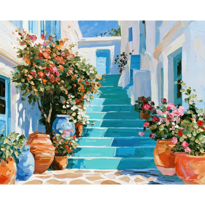 turquoise steps, morningmelon sunlit, turquoise steps at morningmelon art, summer decor art, minimal detail art, afremov inspired, turquoise wall art, sunlit painting, textured oil art, mediterranean art