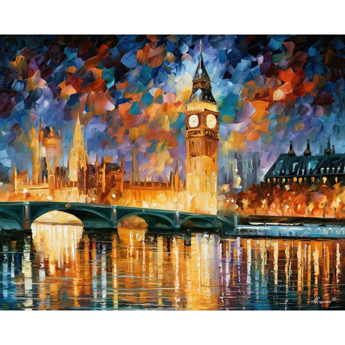 golden skybridge, skyhoney cityscape, golden skybridge skyhoney art, riverfront painting, minimal detail art, afremov inspired, architectural decor, textured oil art, skyline painting, city skyline art