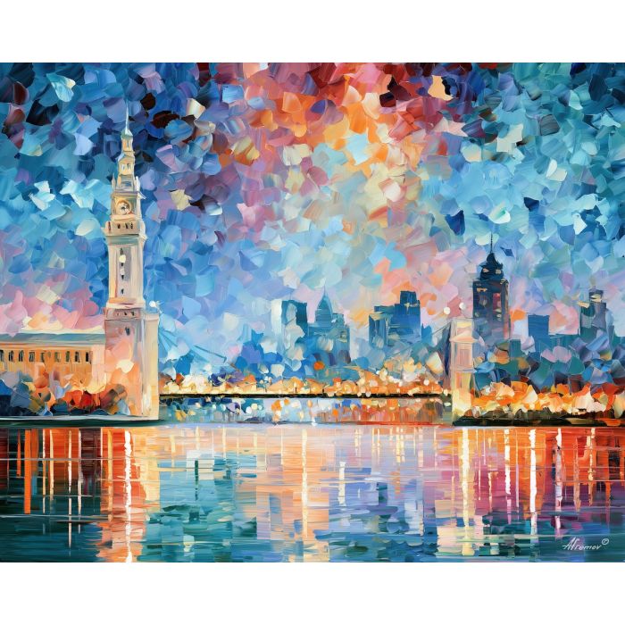 opal roofline, aquabloom cityscape, opal roofline aquabloom art, palette knife art, thick brush strokes, urban wall art, riverfront painting, minimal detail art, afremov inspired, architectural decor