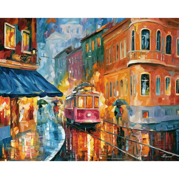 lemon boulevard, pinktide city, lemon boulevard pinktide art, minimal detail art, afremov inspired, daylight city art, architectural painting, textured oil art, boulevard painting, tram city art