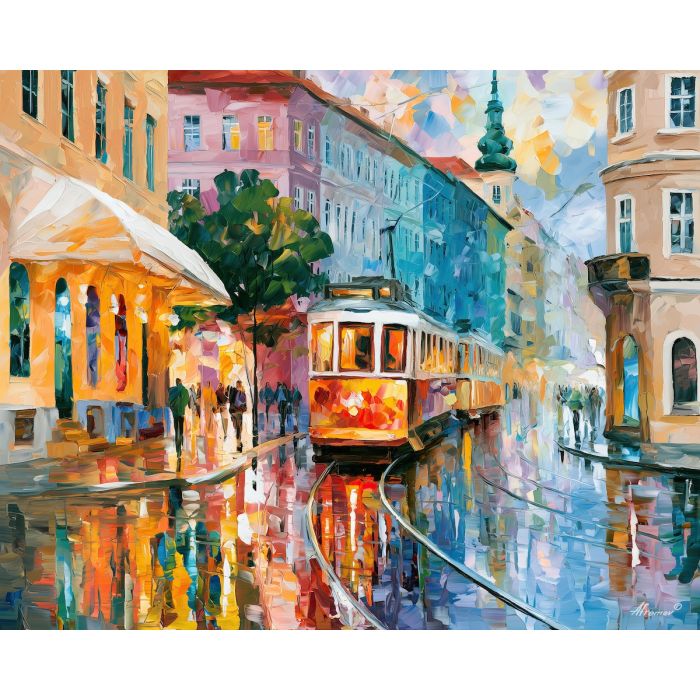 pearl drifts, aprilsun awning, pearl drifts aprilsun awning art, minimal detail art, afremov inspired, daylight city art, architectural painting, textured oil art, boulevard painting, tram city art