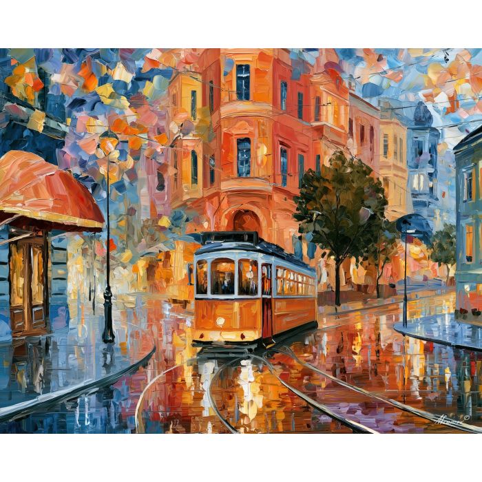 skyglass weaves, peachlight boulevard, skyglass weaves peachlight boulevard art, minimal detail art, afremov inspired, daylight city art, architectural painting, textured oil art, boulevard painting, tram city art