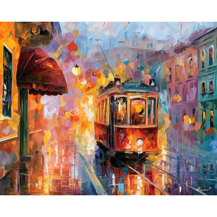 tram pastelrain, lemon city, tram under pastelrain art, tram city art, bright cityscape, urban fragment art, palette knife art, thick brush strokes, colorful street scene, minimal detail art