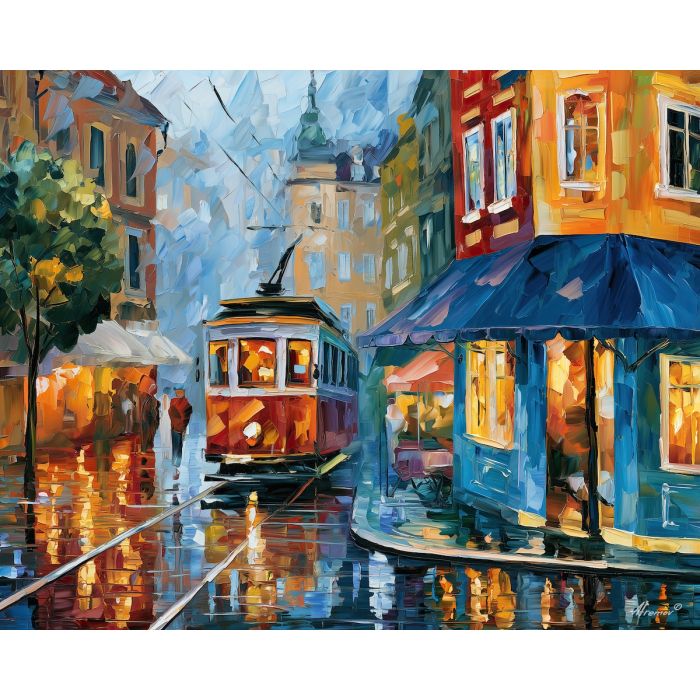 aqua corner, bluepicnic city, aqua corner bluepicnic art, tram city art, bright cityscape, urban fragment art, palette knife art, thick brush strokes, colorful street scene, minimal detail art
