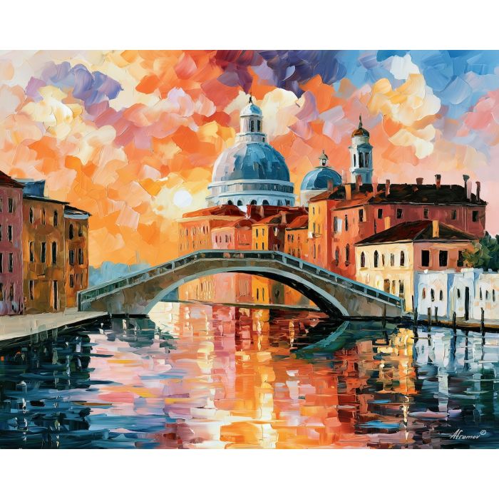 citrus dome, peachlight cityscape, citrus dome after peachlight art, canal city art, bright cityscape, bridge painting, palette knife art, thick brush strokes, urban wall decor, waterfront art