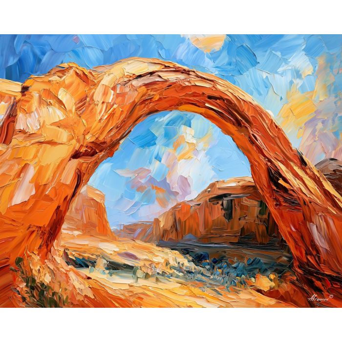 terracotta weaves, gardenglow arch, terracotta weaves gardenglow arch art, palette knife art, thick brush strokes, southwest decor, rock arch art, minimal detail art, afremov inspired, desert wall art
