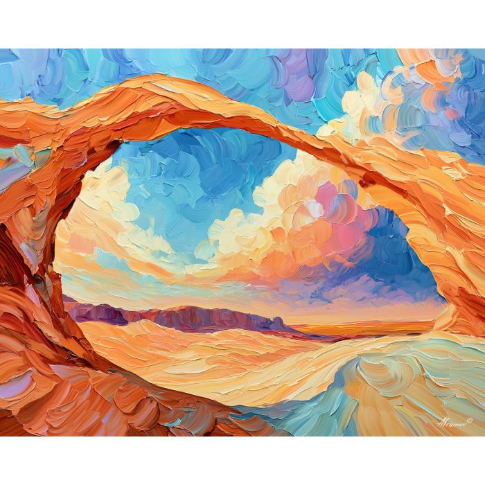 apricot drifts, seafoamjoy dune, apricot drifts seafoamjoy dune art, desert art, oasis painting, bright landscape, palette knife art, thick brush strokes, southwest decor, rock arch art