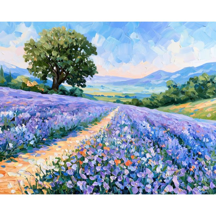lavender valley, sorbetday landscape, lavender valley sorbetday art, colorful nature art, minimal detail art, afremov inspired, sunny landscape, textured oil art, pathway painting, wildflower art