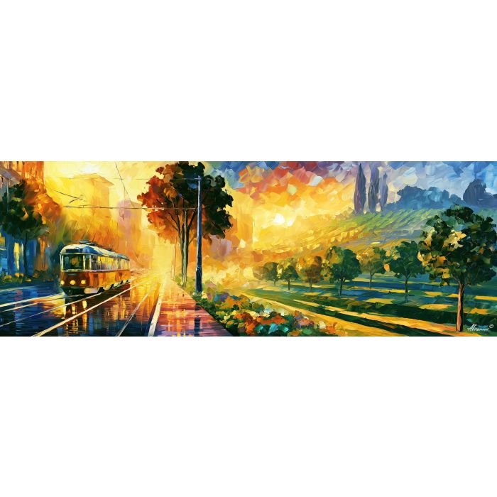tramline orchard, tramline panorama, orchard panorama, panoramic wall art, 20:7 panoramic art, palette knife art, thick brush strokes, cityscape + landscape blend, blended panorama art, textured oil painting