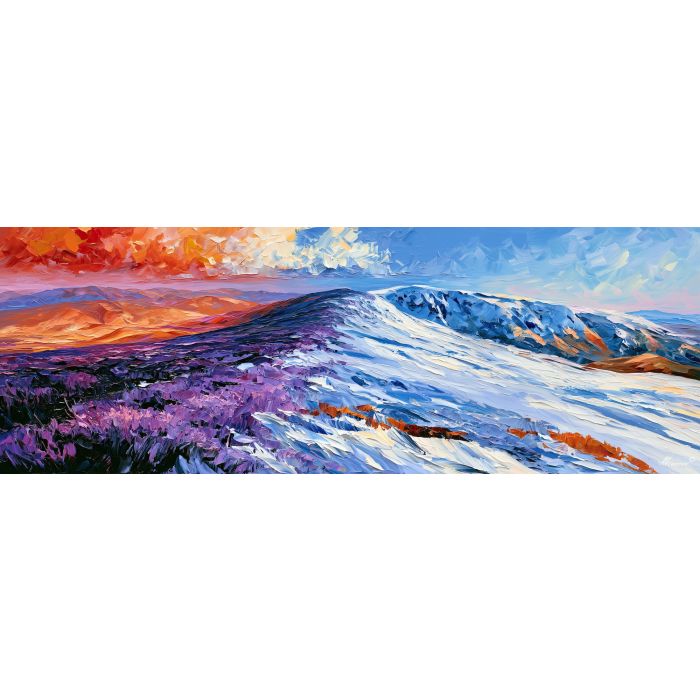 heather snow highlands, dual season art, changing seasons, landscape panorama, purple heather highlands, snow-bright highlands, palette knife art, thick brush strokes, season transition, textured oil painting