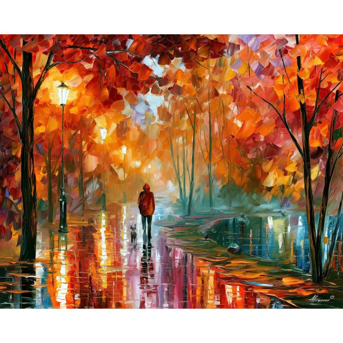 a walk under maples, night park painting, autumn rain art, walking figure art, palette knife art, bright wall art, park reflections, leonid afremov style, textured oil painting, foreground subject