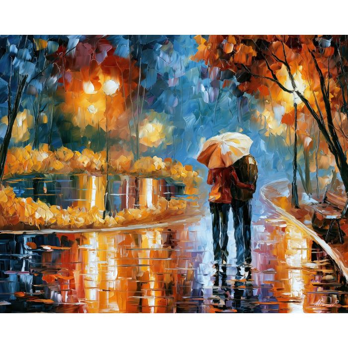 bright night in autumn, night park painting, autumn rain art, walking couple art, palette knife art, bright wall art, park reflections, leonid afremov style, textured oil painting, foreground subject