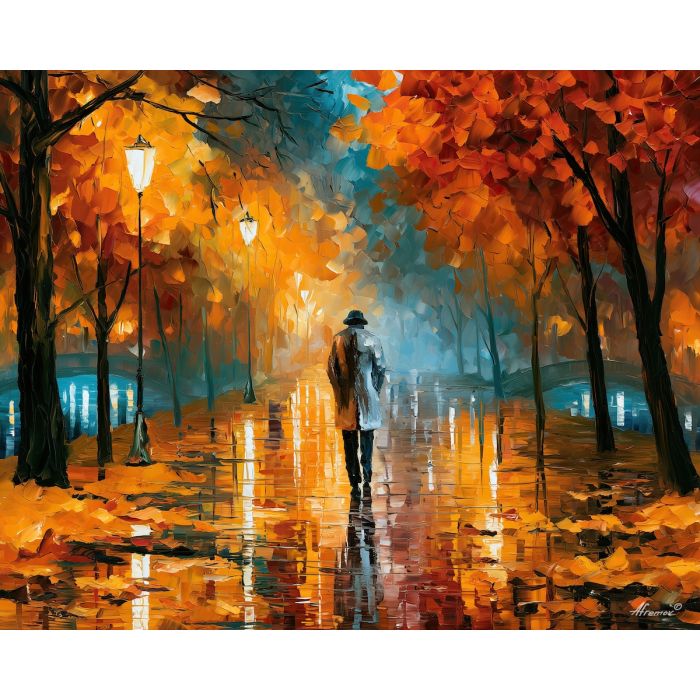 when autumn shines, night park painting, autumn rain art, walking figure art, palette knife art, bright wall art, park reflections, leonid afremov style, textured oil painting, foreground subject