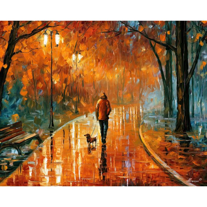 auburn reflections, night park painting, autumn rain art, walking figure art, palette knife art, bright wall art, park reflections, leonid afremov style, textured oil painting, foreground subject