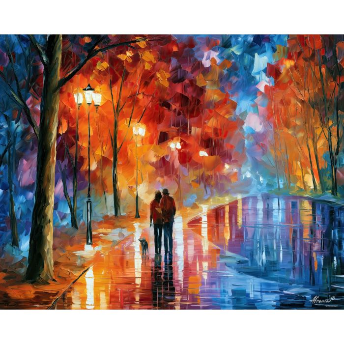 a couple under trees, night park painting, autumn rain art, walking figure art, palette knife art, bright wall art, park reflections, leonid afremov style, textured oil painting, foreground subject