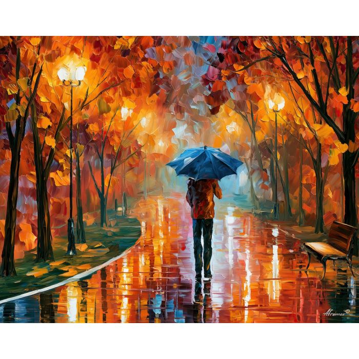 under the yellow umbrella, night park painting, autumn rain art, walking figure art, palette knife art, bright wall art, park reflections, leonid afremov style, textured oil painting, foreground subject