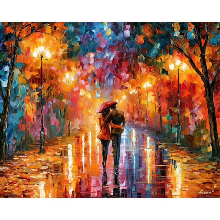 rainy park romance, night park painting, autumn rain art, walking couple art, palette knife art, bright wall art, park reflections, leonid afremov style, textured oil painting, foreground subject