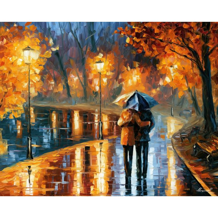 two along the water, night park painting, autumn rain art, walking couple art, palette knife art, bright wall art, park reflections, leonid afremov style, textured oil painting, foreground subject