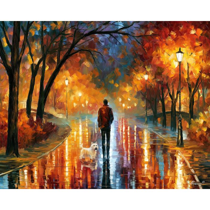 beneath rainy lamps, night park painting, autumn rain art, walking figure art, palette knife art, bright wall art, park reflections, leonid afremov style, textured oil painting, foreground subject