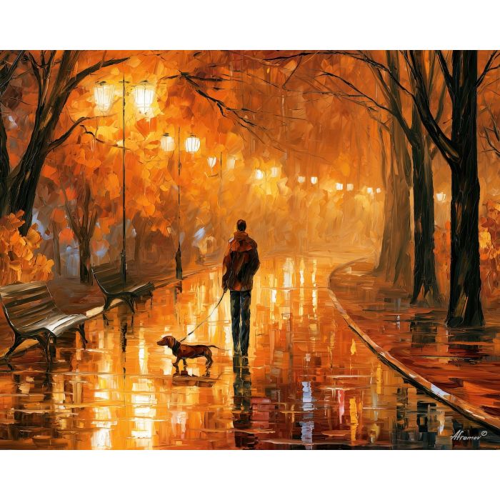 golden puddles, night park painting, autumn rain art, walking figure art, palette knife art, bright wall art, park reflections, leonid afremov style, textured oil painting, foreground subject