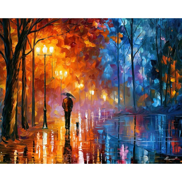 bright rainfall, night park painting, autumn rain art, walking figure art, palette knife art, bright wall art, park reflections, leonid afremov style, textured oil painting, foreground subject