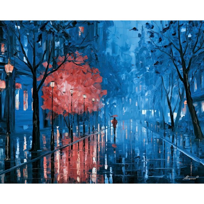 one object one city, unexpected color art, afremov style cityscape, balcony, blue coral palette, palette knife art, bright wall art, city reflections, textured oil painting, 5:4 painting