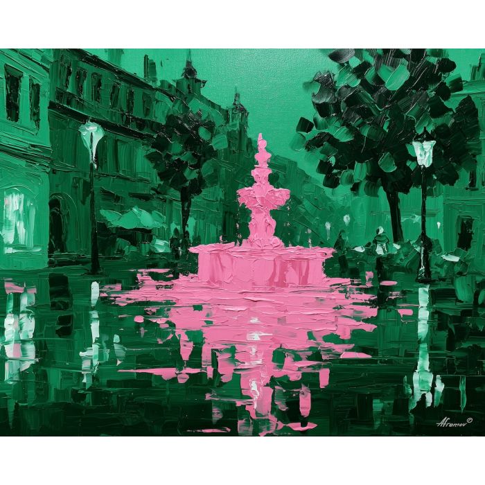 a colorful disagreement, unexpected color art, afremov style cityscape, fountain, emerald pink palette, palette knife art, bright wall art, city reflections, textured oil painting, 5:4 painting