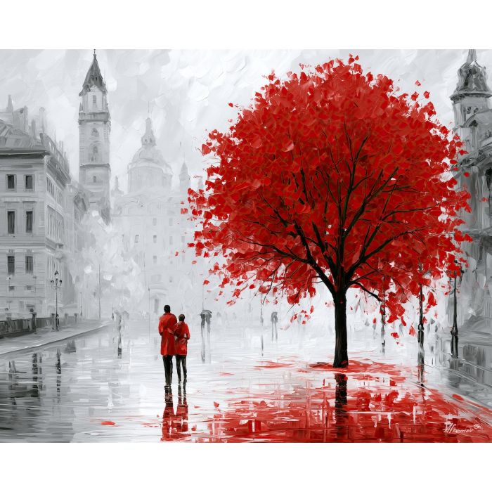 the background sings, unexpected color art, afremov style cityscape, tree, white red palette, palette knife art, bright wall art, city reflections, textured oil painting, 5:4 painting
