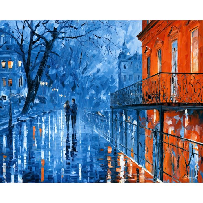 the city in contrast, unexpected color art, afremov style cityscape, balcony, blue orange palette, palette knife art, bright wall art, city reflections, textured oil painting, 5:4 painting